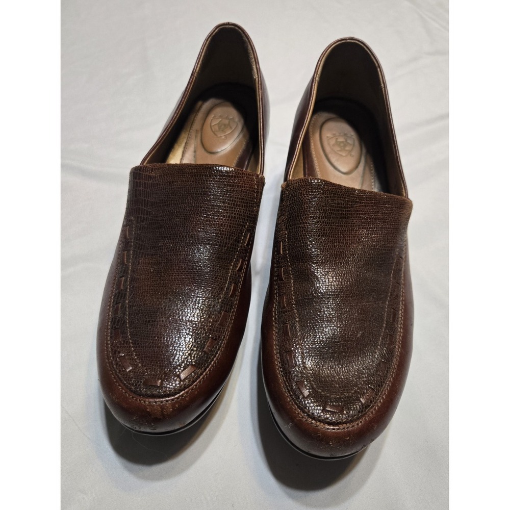 Ariat Leather Wedge Comfort Clogs Womens 8.5B ATS Footbed Brown Cushioned Logo‎